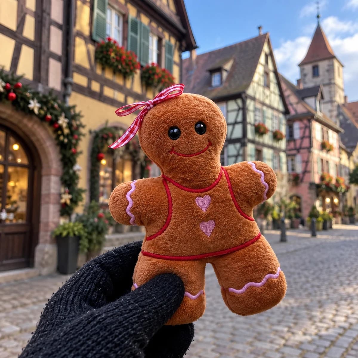 A gingerbread plush against an Alsatian half-timbered village