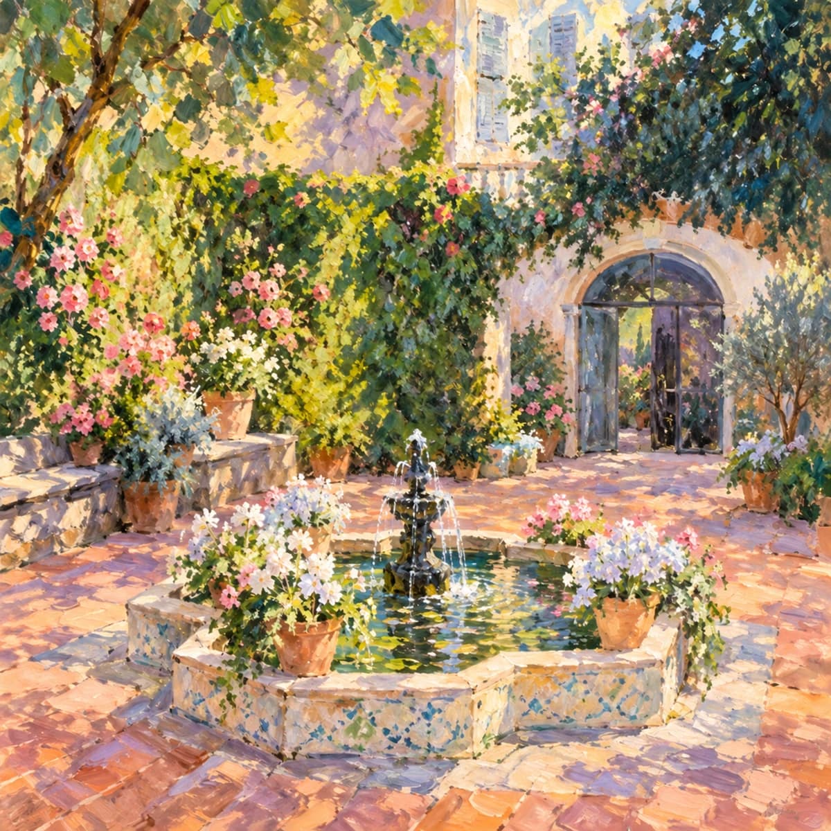 An unsigned impressionist oil painting of a sunlit garden and fountain