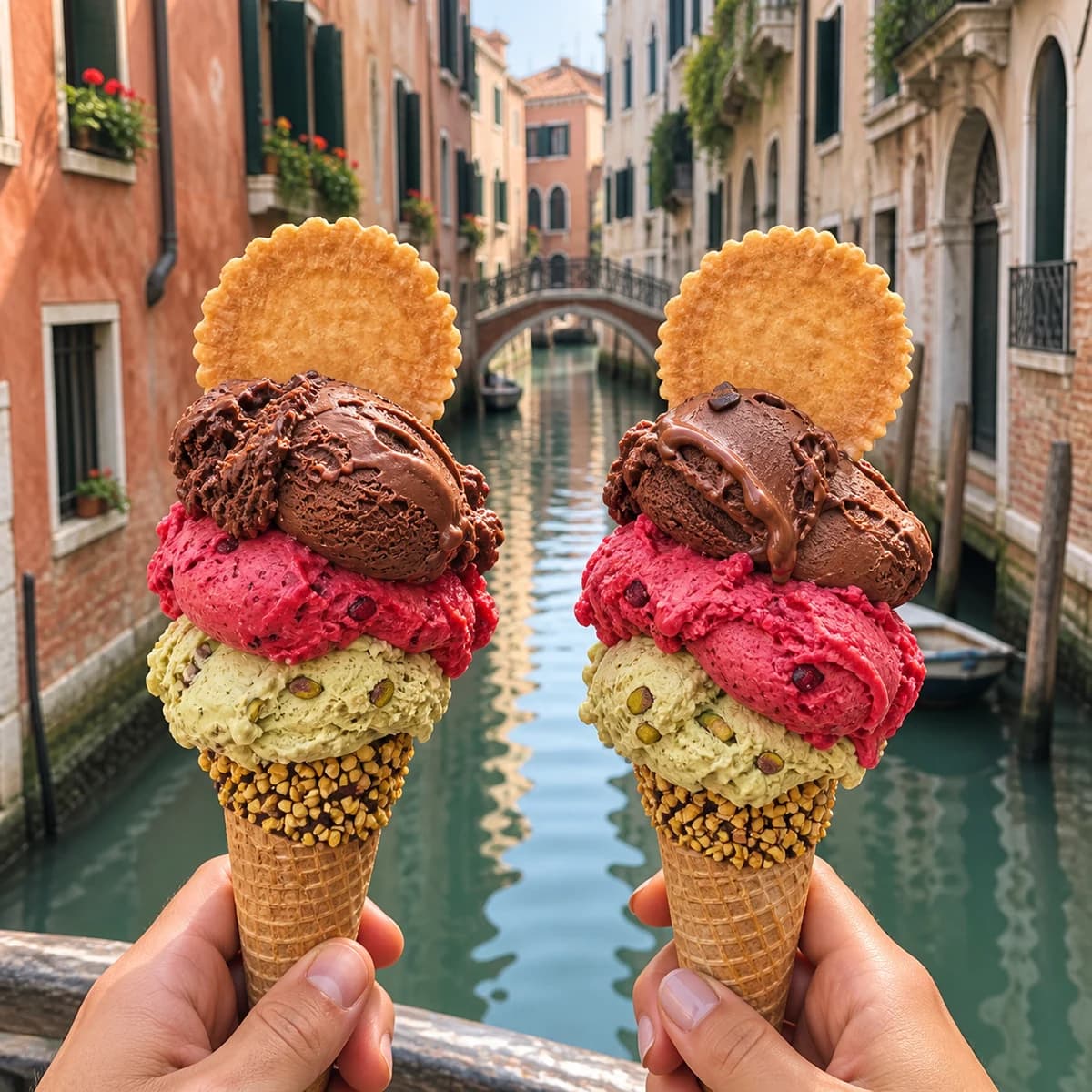 Two gelato cones held in front of a Venetian canal