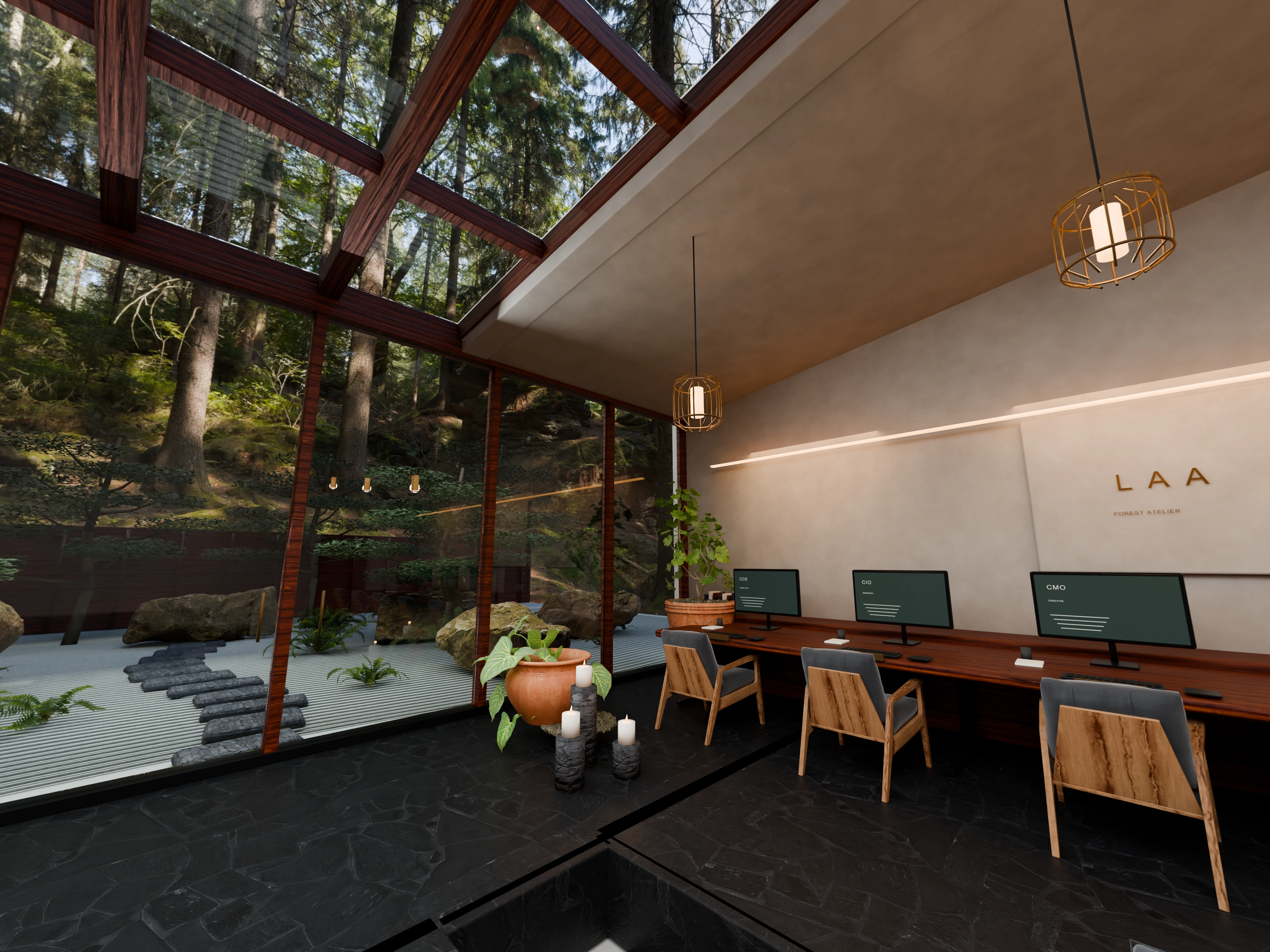 The AI workspace with forest-facing windows, ceiling and the LAA wall logo